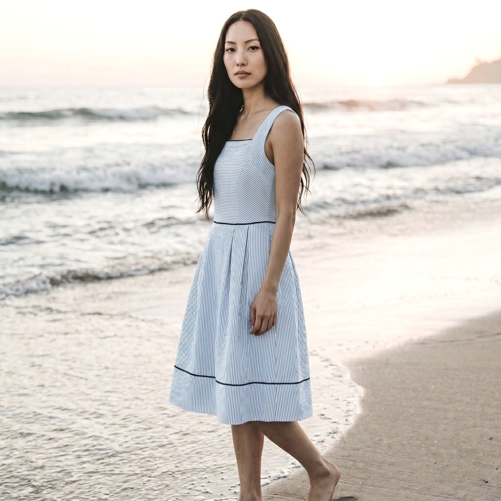 Lands' End Light Blue and White Striped Fit-and-Flare Sundress